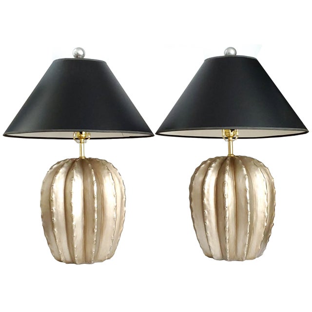 Late 20th Century Large Silver Painted Plaster Cactus Table Lamps - A Pair For Sale - Image 11 of 11