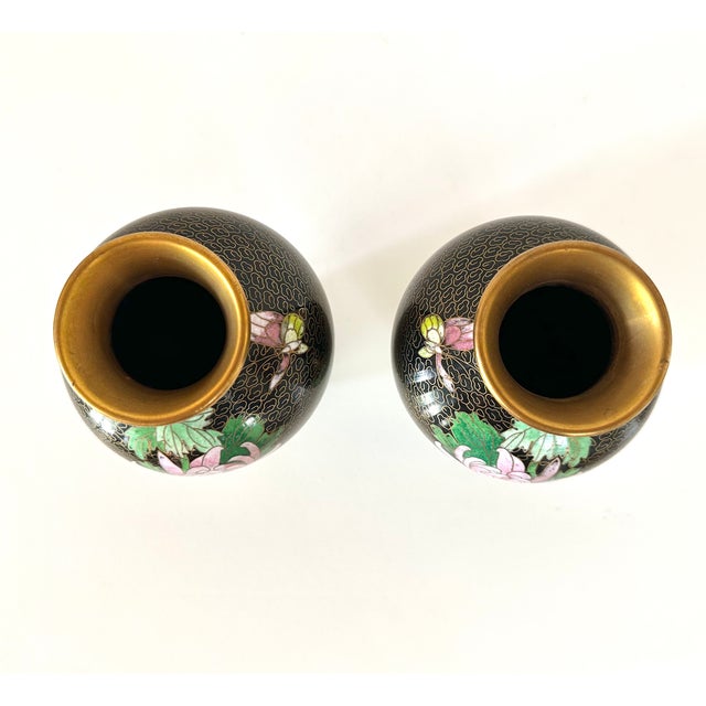 Metal Small Bookend Matched Pair of Chinese Cloisonné Vases With Chrysanthemum Flowers For Sale - Image 7 of 8
