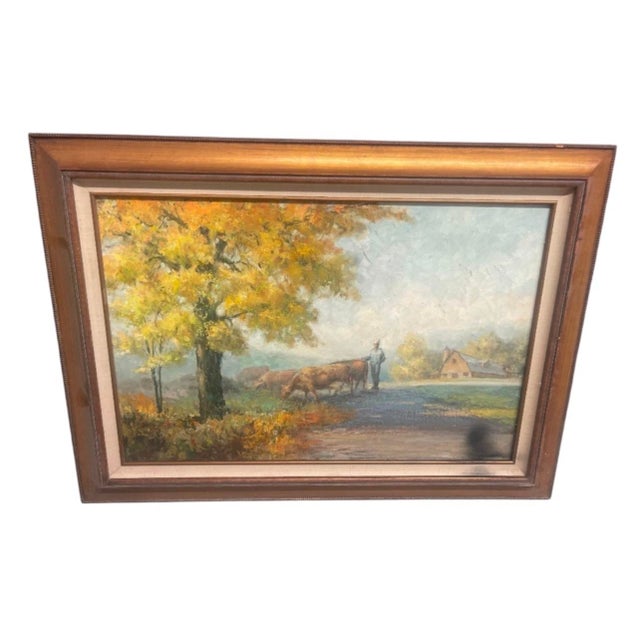 Farmhouse A Vintage Painting-Autumn Pastoral: Herdsman on a Country Road For Sale - Image 3 of 12
