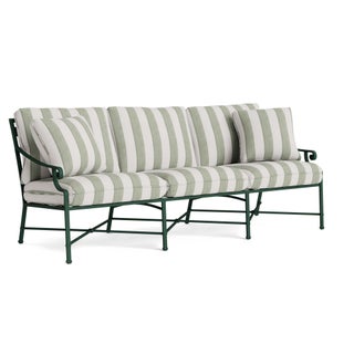 Brown Jordan Venetian Sofa in Forest Green with Forest Stripe Cushions For Sale
