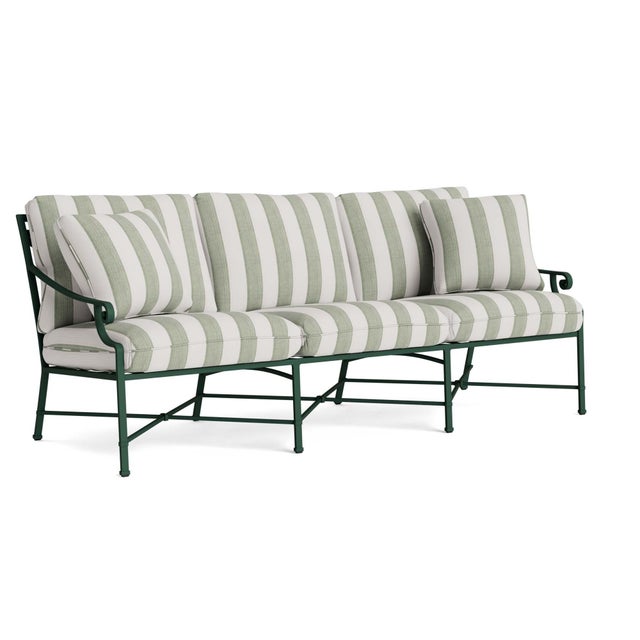 Brown Jordan Venetian Sofa in Forest Green with Forest Stripe Cushions For Sale