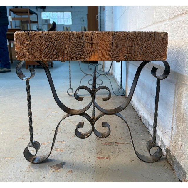 Mid 20th Century Rustic Industrial Wrought Iron Butcher-Block Bench For Sale - Image 9 of 11
