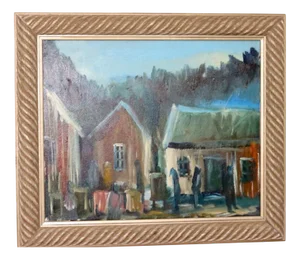Göte Lundberg, Cabins at Dusk, 1950s, Oil on Canvas, Framed