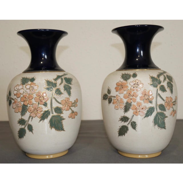 Up for sale is a Pair of Early 20th Century English Art Nouveau Lovatt's Langley Ware Stoneware Floral Motif Tapestry...