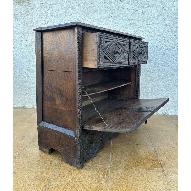 Spanish Renaissance Carved Cabinet with Drop-Front Door and Two Drawers, 1880s For Sale - Image 9 of 18