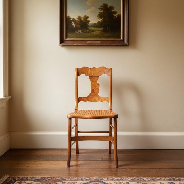 Antique figured maple side chair showcasing beautiful bird’s-eye and tiger maple grain, a shaped backsplat, curved crest...