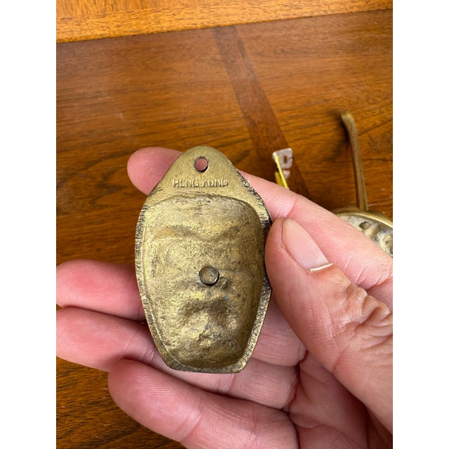 Vintage Japanese Tengu Brass Wall Hooks – Set of 2 Mask Face Hooks With Long Noses For Sale - Image 4 of 10