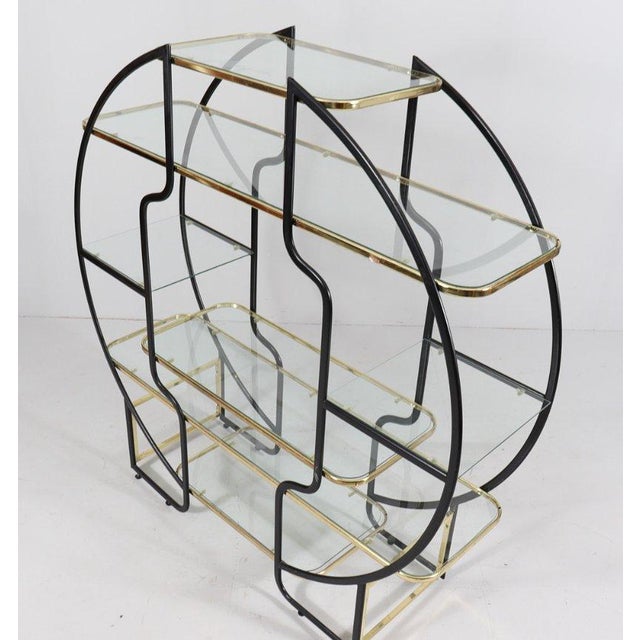 Hollywood Regency Sculptural Circular Étagère in Blackened Steel, Gold-Plated Metal and Glass, 1970s For Sale - Image 4 of 8