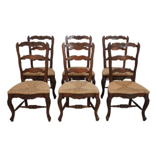 Set of 6 Country French Oak Rush Seat Dining Chairs For Sale