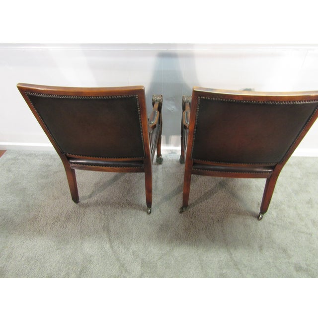 Brown Theodore Alexander Pair of Mahogany Carved Leather Seat Chairs For Sale - Image 8 of 11