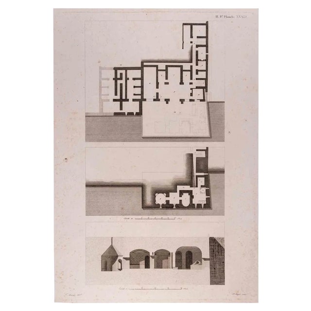 François Mazoit, Interior Plan, Original Etching, 19th Century For Sale