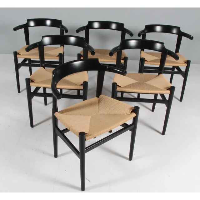 Hans j. Wegner six armchairs with solid lacquered frame original danish paper cord seats. Model pp68, made by pp møbler....