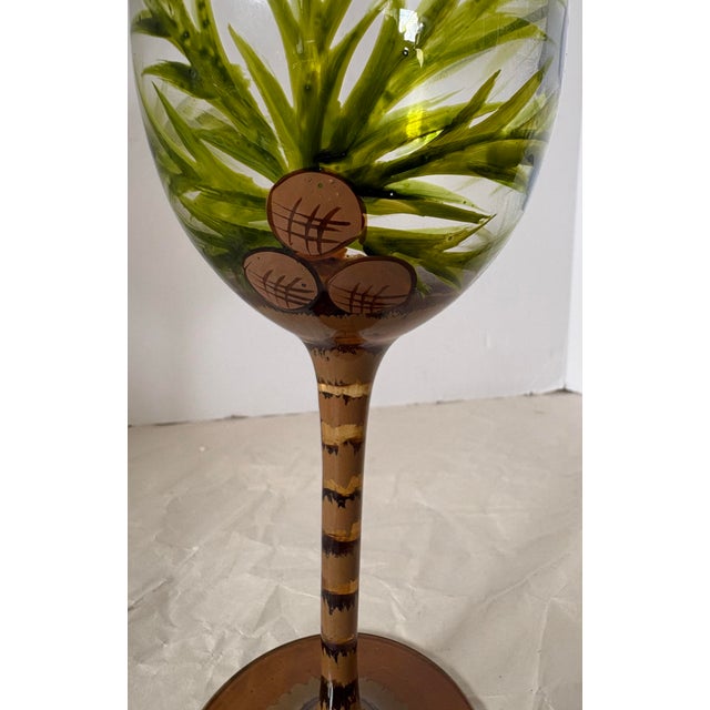 Glass Late 20th Century Set of Seven Hand-Painted Tropical Toucan Wine Glasses With Amber Stems. Coastal Tropical Entertaining For Sale - Image 7 of 9