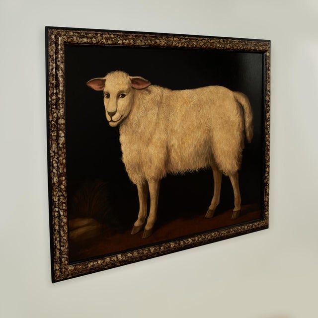 Lofty vintage oil painting on canvas a sheep with an enigmatic grin executed in a tongue and cheek Victorian parlor...