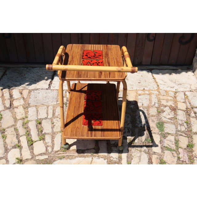 Rattan and Ceramic Serving Table by Audoux-Minet, 1950 For Sale - Image 4 of 10