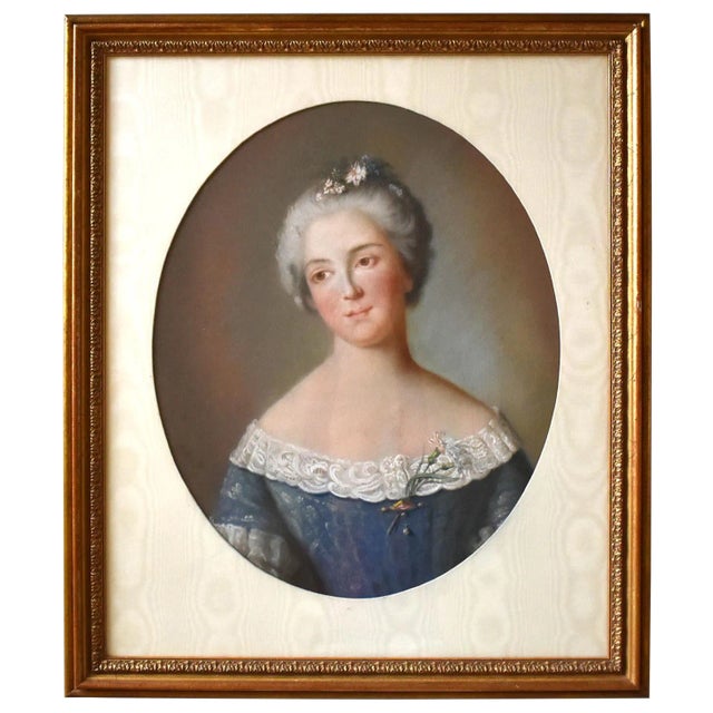 C. 1750s French School Pastel Portrait of a Lady in Blue For Sale