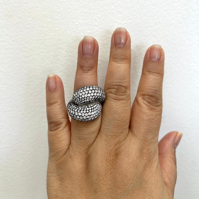 Beautiful 7.48 ct. white diamond round pave. Handmade in 18k white gold and black rhodium. Ring size 7.5.