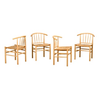 J151 Dining Chairs in Beech and Papercord by Erik Ole Jørgensen for FDB Møbler, 1970s, Set of 4 For Sale