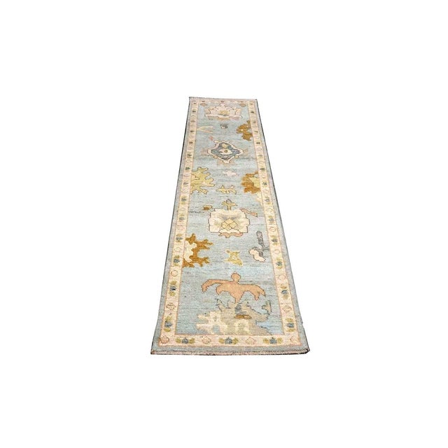 Early 21st Century 21st Century Turkish Oushak Wool 2X10 Gold, Light Blue & Ivory Handmade Runner Rug #1144116 For Sale - Image 5 of 11