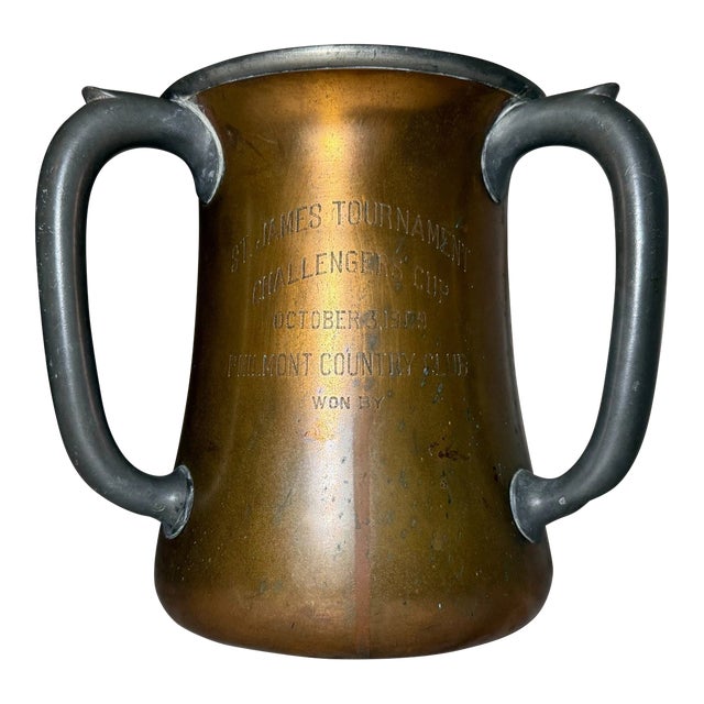Antique 1909 Hand Engraved Bronze Pewter Golf Country Club 3 Handle Trophy Urn For Sale