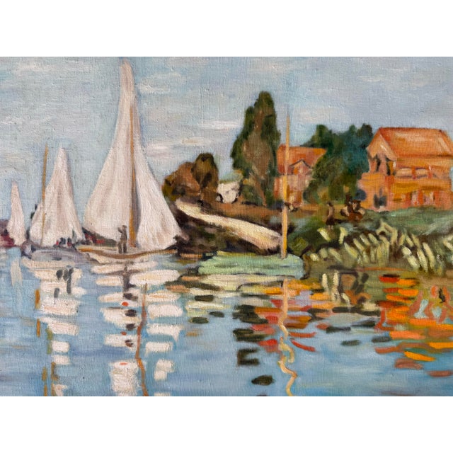 Wood 1960's Marie Hendrich Ozon " Yacht Races at Argenteuil " Oil on Canvas Painting After Monet Sold For Sale - Image 7 of 12