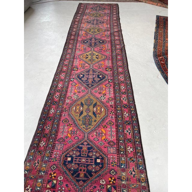 Pink Antique Heriz Runner in Pink, Peacock Teal, Cantaloup, & Dirty Olive Rug 3.3 x 14 For Sale - Image 8 of 14