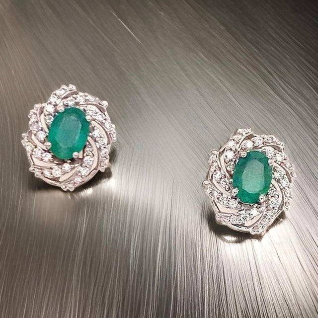 Diamond Emerald Earrings 14 Karat White Gold 2.17 TCW Certified For Sale - Image 10 of 14