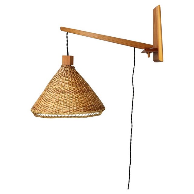 Mid-Century Adjustable Wooden Wall Light with Rattan Shade, 1970s For Sale - Image 13 of 13