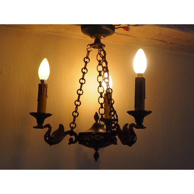 Mid-Century French Empire Style Bronze 3-Branch Swan Chandelier by Lucien Gau, 1970s For Sale - Image 12 of 18