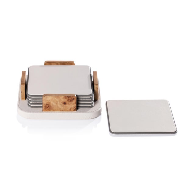 Contemporary Sotto 6-Piece Leather Coaster Set with Holder, Ivory For Sale - Image 3 of 3