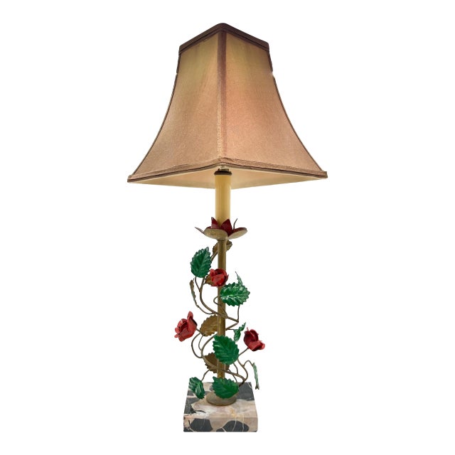 Vintage Floral Tole Table Lamp With Marble Base - Hollywood Regency, Cottagecore, Italian Style For Sale