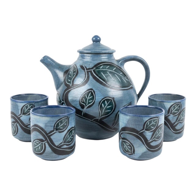 Signed Butterfield Studio Pottery Teapot 4 Cups Blue Green Sgraffito Set For Sale