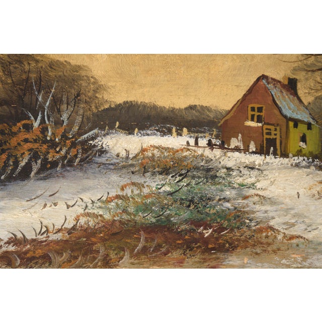 Serene winter landscape by an unknown artist. A dusting of freshly fallen snow covers the landscape. Two large trees are...