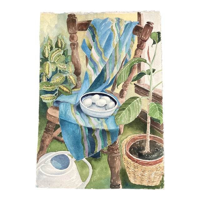 1970’s Vintage Original Watercolor Still Life Painting Interior Scene For Sale