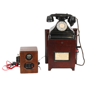 Vintage Black Bakelite Rotary Wall Cradle Telephone and Dictograph, 1940s, Set of 2