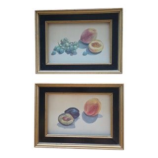 Vintage Fruit Still-Life Art in Black and Gold Wood Frames — A Pair For Sale