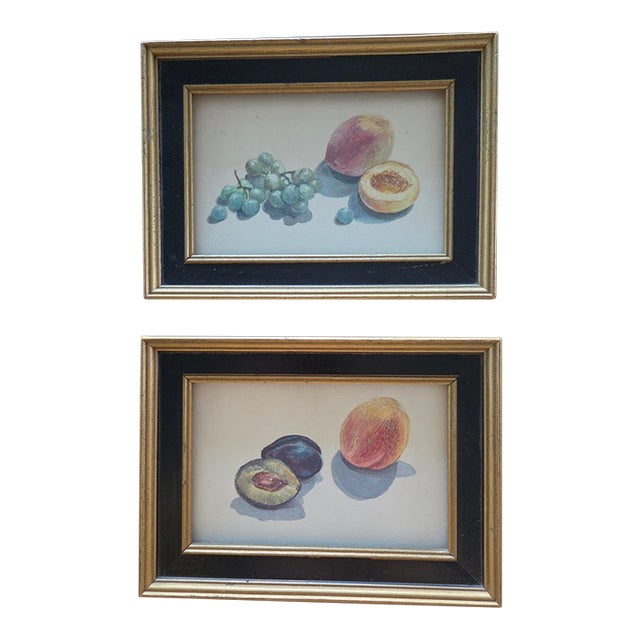 Vintage Fruit Still-Life Art in Black and Gold Wood Frames — A Pair For Sale