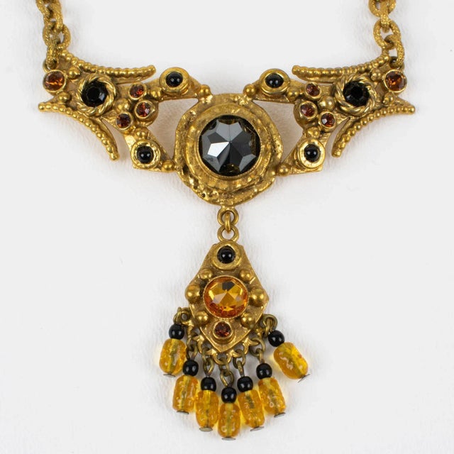 Modern Henry Perichon Bronze Necklace With Black Jet and Topaz Glass Cabochons For Sale - Image 3 of 11