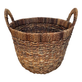 Vintage Woven Raffia Basket W/Handles For Sale