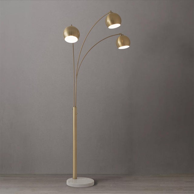 Mid-Century Modern Original 1962 Triplet 3 Light Arc Floor Lamp - Weathered Brass, White Marble Base, Dimmer Switch For Sale - Image 3 of 13