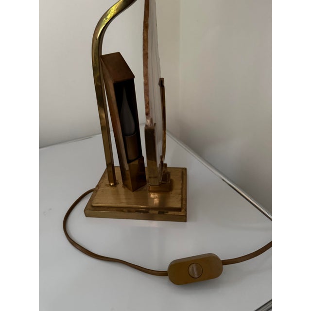 Metal Vintage Willy Daro Attributed Brass & Agate Table Lamp With Silk Lamp Shade For Sale - Image 7 of 11