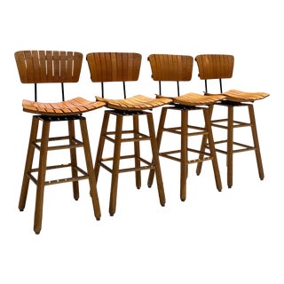 Arthur Umanoff Petite Slatted Swivel Bar Stools - Set of 4 For Sale