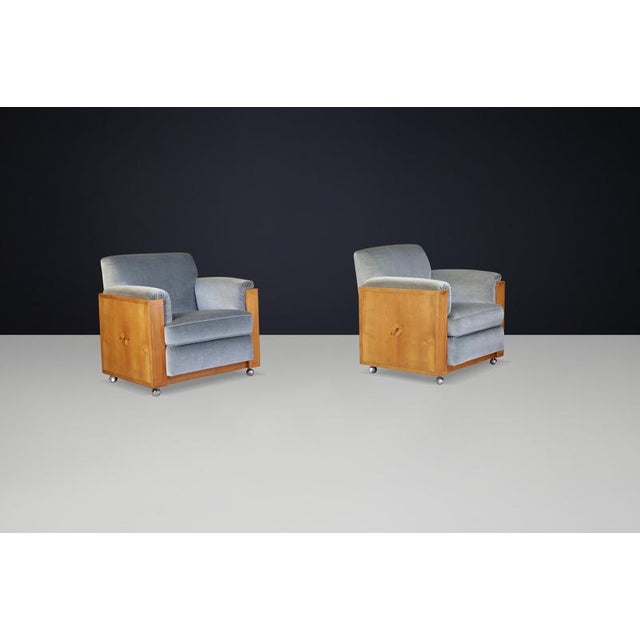 Art Deco Dutch Armchairs with Inlay Motif in Oak and Velvet, 1930s, Set of 2 For Sale - Image 4 of 11