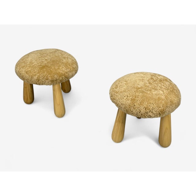 Mid-Century Modern Danish Modern Style, Honey Sheepskin, Maple, Shearling Footstools, 21st Century- Set of 2 For Sale - Image 3 of 10