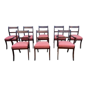 Antique Regency Style Flame Mahogany Brass Inlaid Dining Chairs- Set of 8