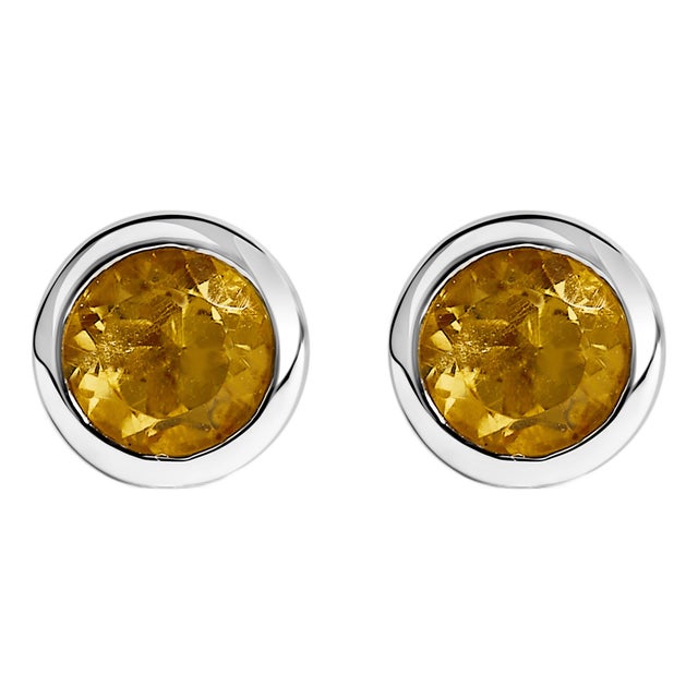 .925 Sterling Silver 6MM Bezel Set Created Yellow Citrine Solitaire Stud Earrings For Sale