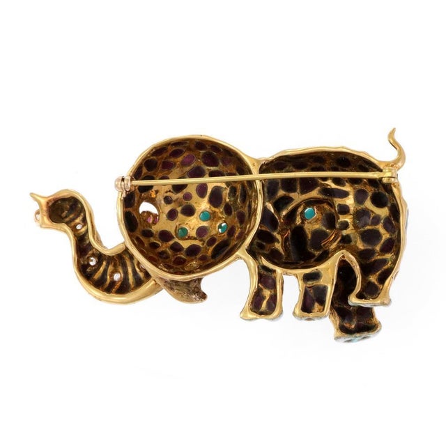 3D Baby Elephant Brooch Estate Diamond Gems Enamel 18k Gold 41g Adorable For Sale - Image 4 of 5
