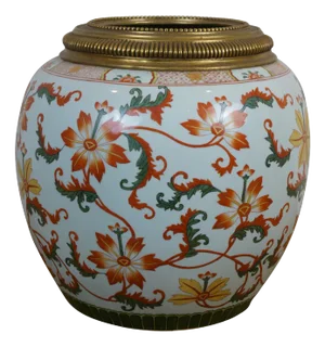 Late 20th Century United Wilson Porcelain Brass Chinoiserie Floral Ginger Jar Urn Planter Cachepot