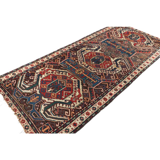 Rug & Kilim Antique Lenkoran Kazak Runner Rug, Red & Blue Geometric Medallions - Rug & Kilim For Sale - Image 4 of 7