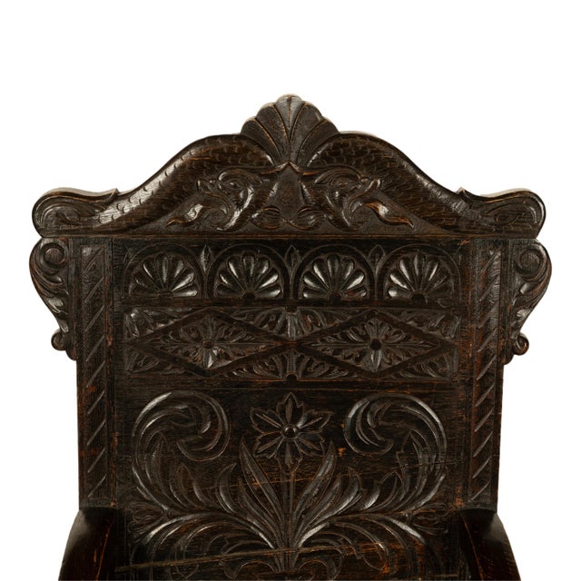 Antique 17th Century English Charles II Oak Carved Wainscot Armchair 1680 For Sale - Image 11 of 13